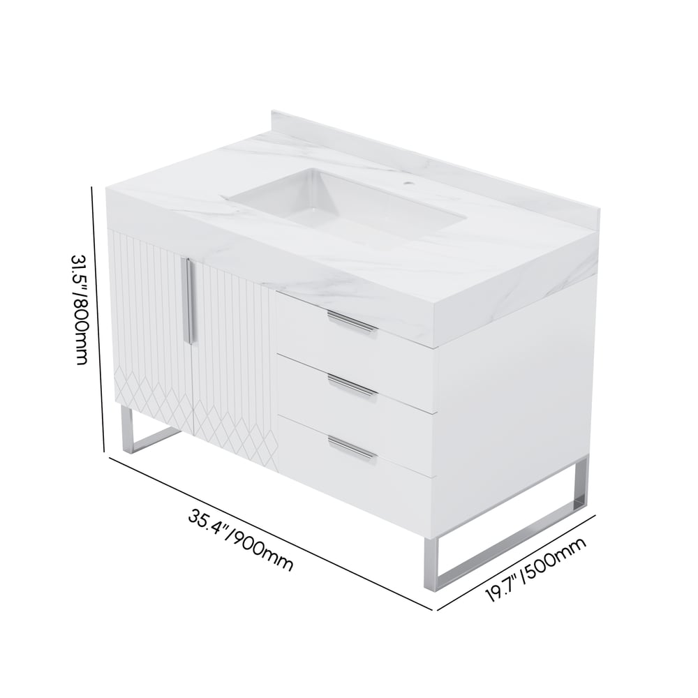 Aro 35" White Freestanding Single Sink Bathroom Vanity Drawers Doors Faux Marble Top weights dimensions image