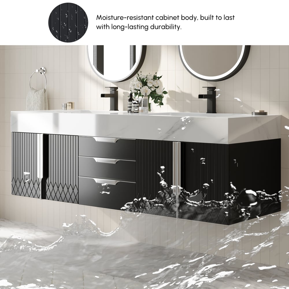 Aro Series Bathroom Vanity Set 59" Floating Faux Marble Bathroom Vanity Black with Sink window image