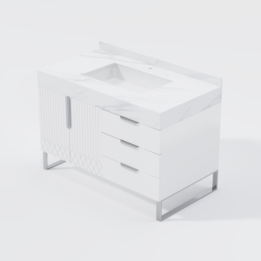 Aro 35" White Freestanding Single Sink Bathroom Vanity Drawers Doors Faux Marble Top window image