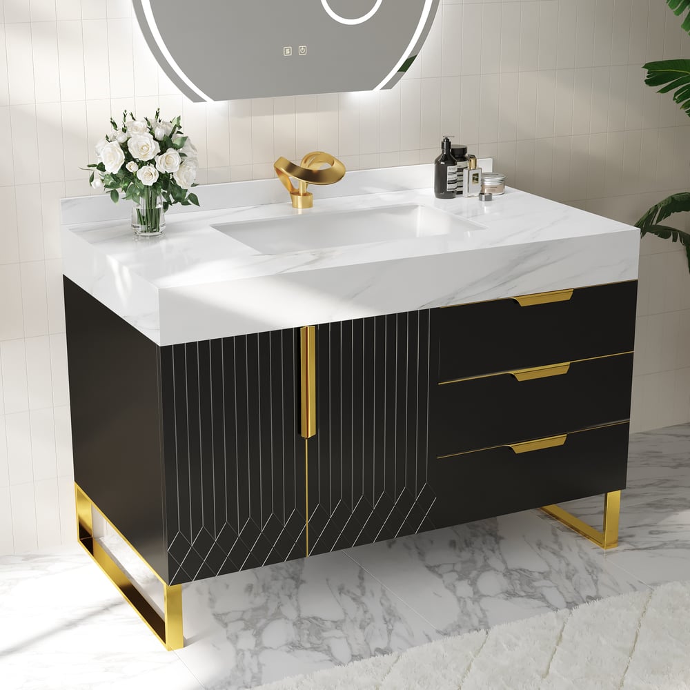 Aro 35" Black Freestanding Single Sink Bathroom Vanity Drawers Doors Faux Marble Top window image