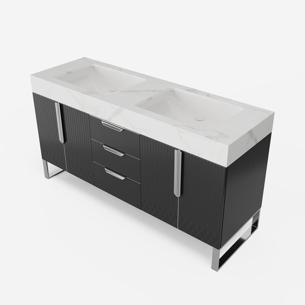 Aro 59" Black Double Sink Freestanding Bathroom Vanity Drawers & Doors Faux Marble Top window image