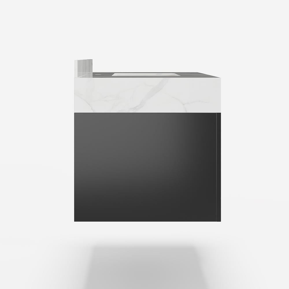 Gavetas de banheiro Aro 900 mm pretas montadas na parede com tampo de mármore sintético Imagem da janela