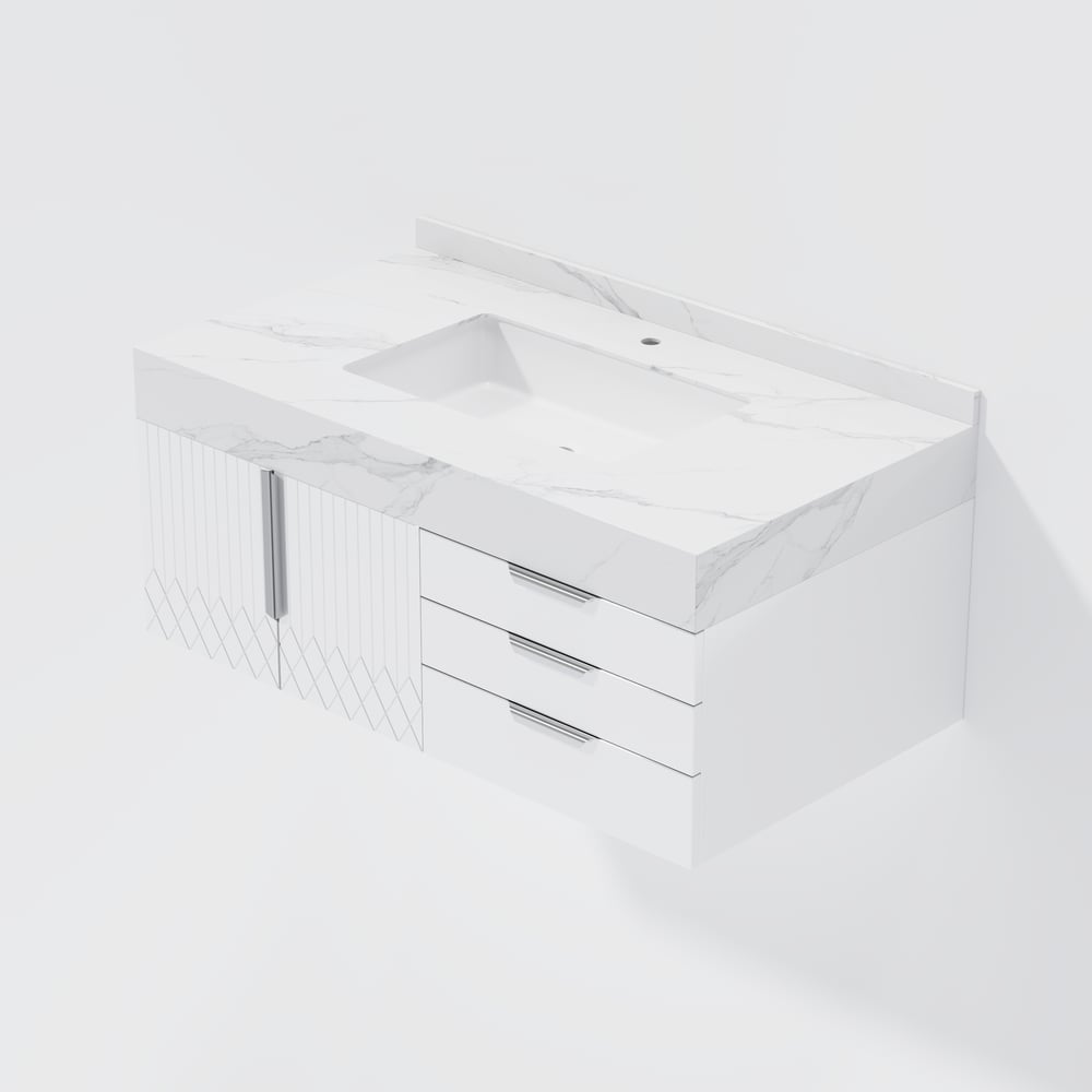 Set di mobili da bagno serie Aro 900 mm Mobile da bagno galleggiante in pietra bianca con lavandino Immagine della finestra
