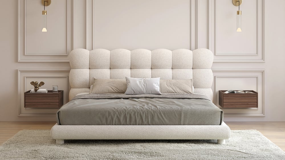 Japanese-Style Low Bed Frame with Natural Floor Bed and Floating Wooden Nightstands Set window image