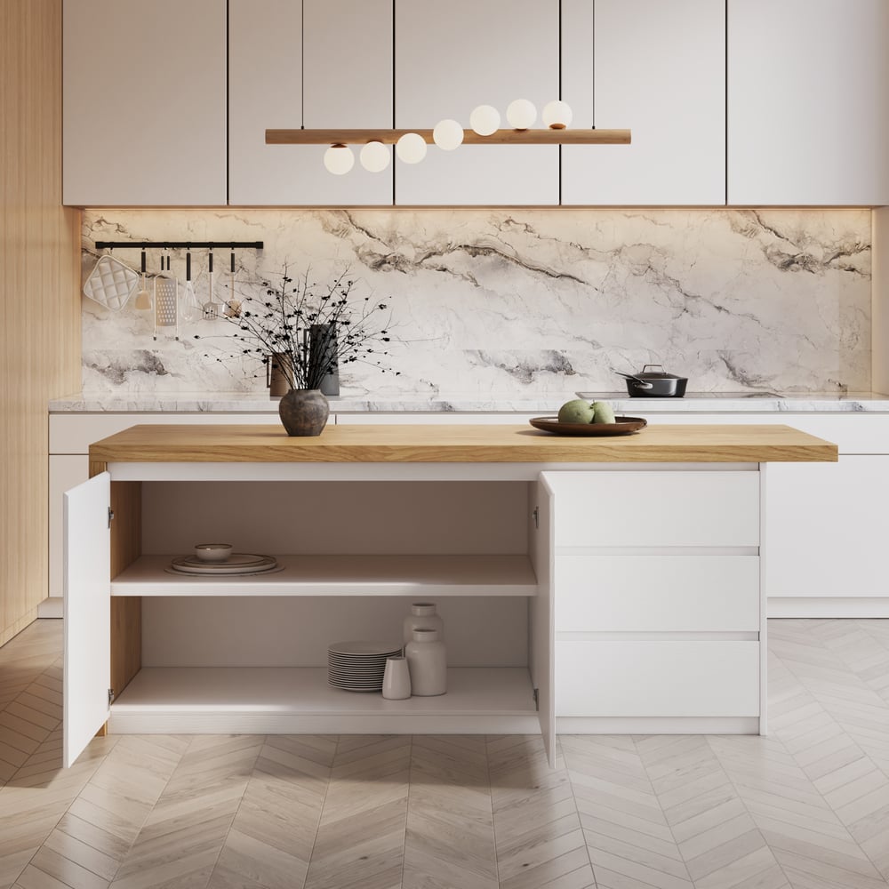 Îlots de cuisine stratifiés de style moderne de 1830 mm avec un grand espace de rangement, blanc et naturel image de fenêtre