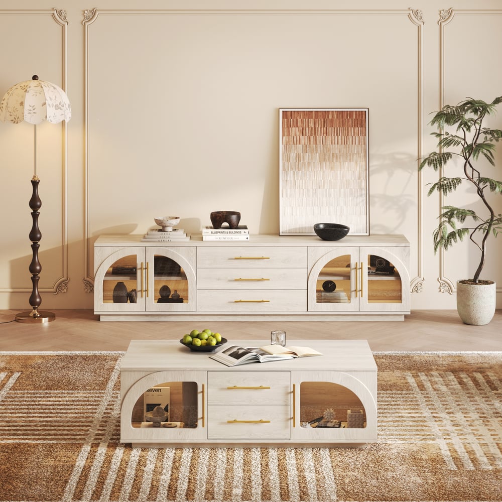 Arune 80" Arched Glass Doors TV Stand with Storage and LED window image