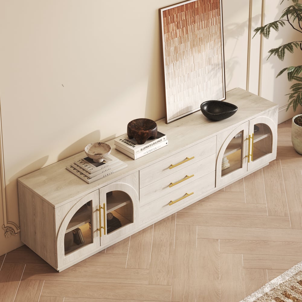 Arune 80" Arched Glass Doors TV Stand with Storage and LED window image