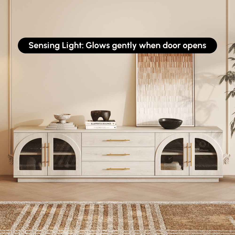 Arune 80" Arched Glass Doors TV Stand Coffee Table Set with Storage and LED window image