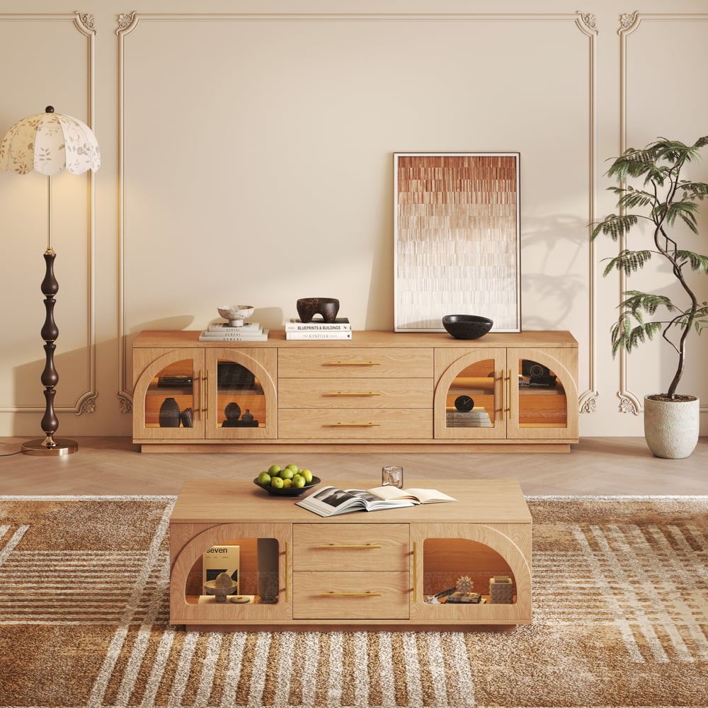 Arune 80" Arched Glass Doors TV Stand with Storage and LED window image