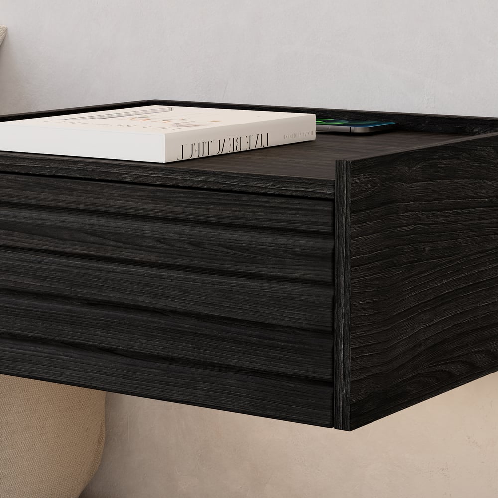 Mesita de noche flotante de madera con luz y estación de carga imagen de ventana