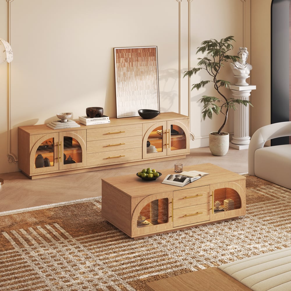 Arune 80" Arched Glass Doors TV Stand with Storage and LED window image