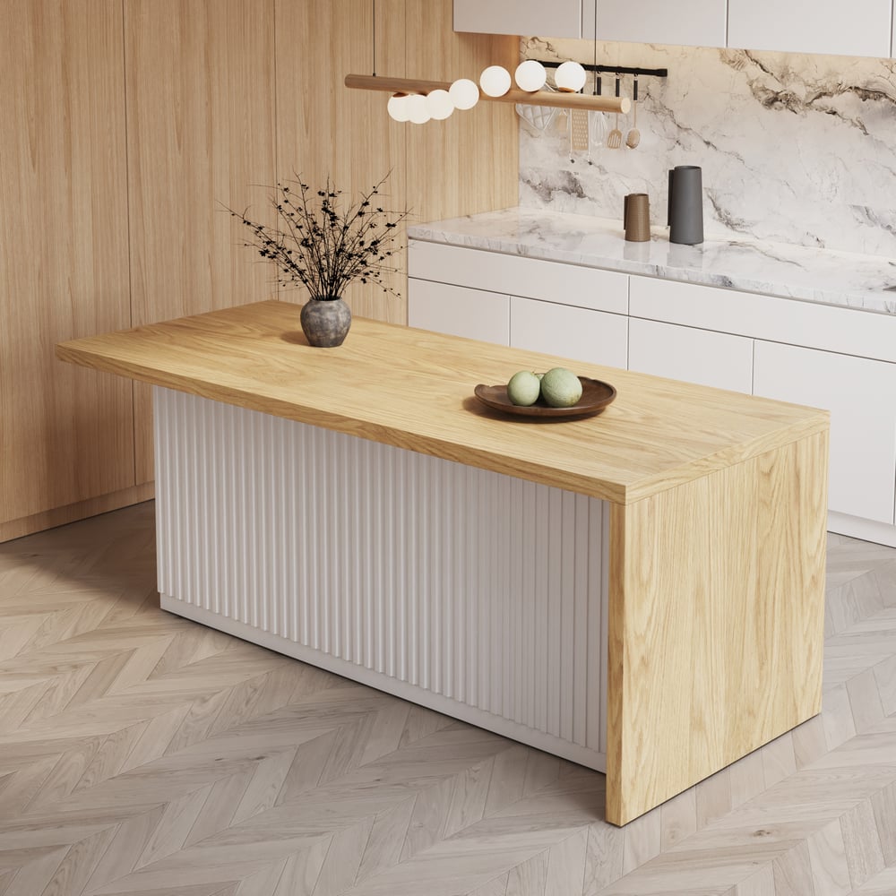 Îlots de cuisine stratifiés de style moderne de 1830 mm avec un grand espace de rangement, blanc et naturel image de fenêtre
