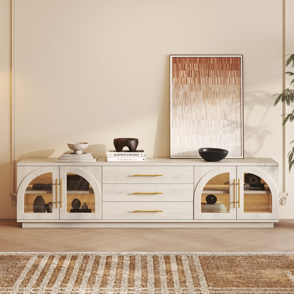 Arune 80" Arched Glass Doors TV Stand with Storage and LED window image