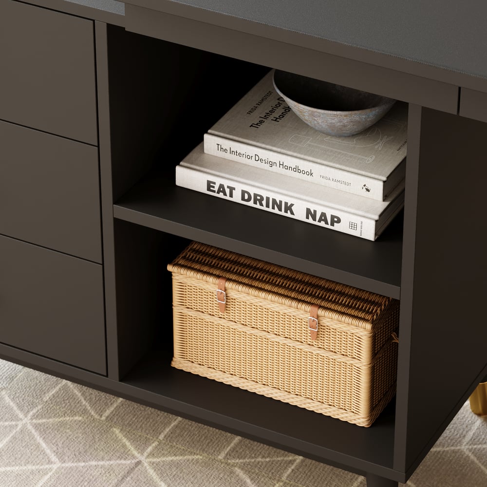 Black corner desk with drawers and 120 cm L-shaped shelf window image