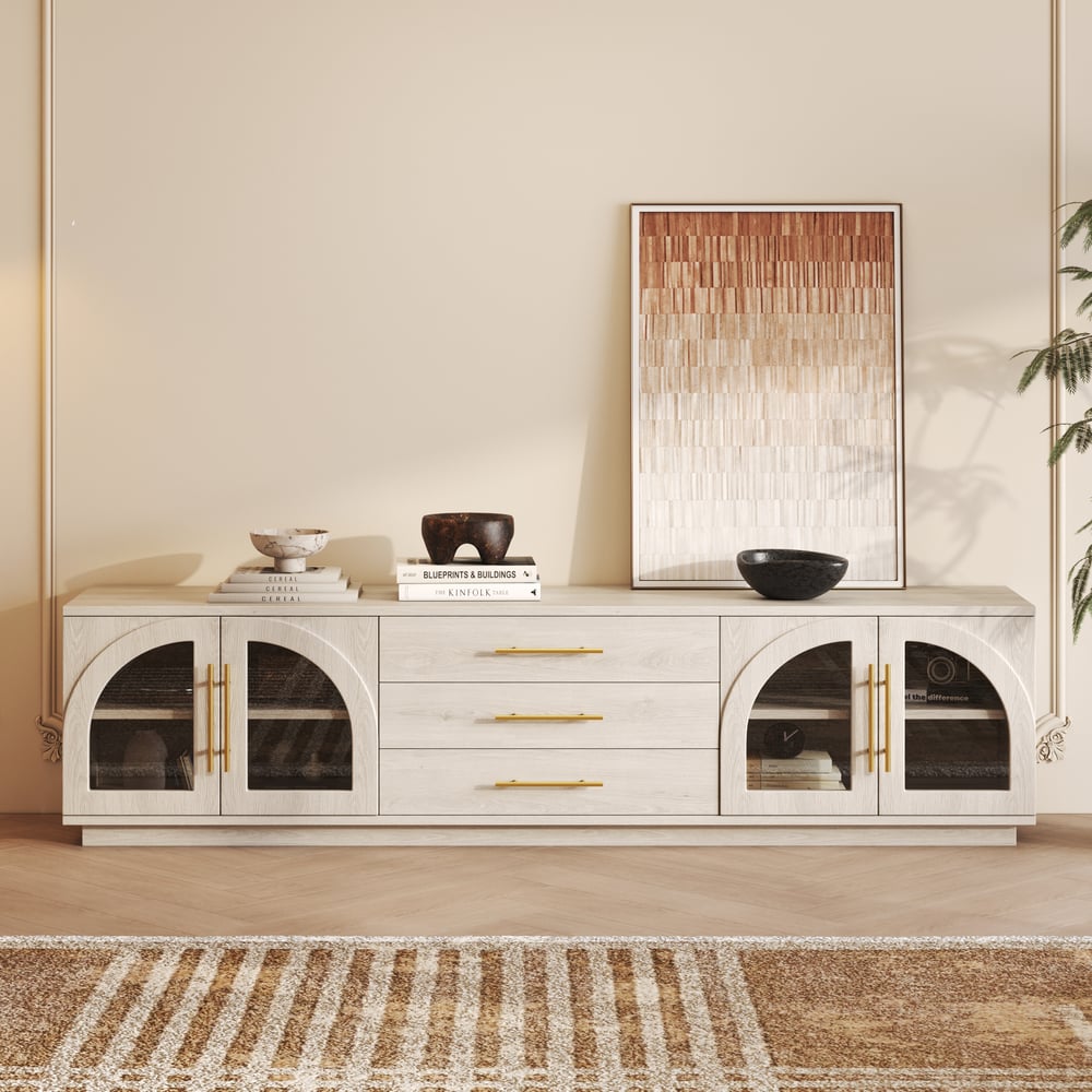 Arune 80" Arched Glass Doors TV Stand with Storage and LED window image