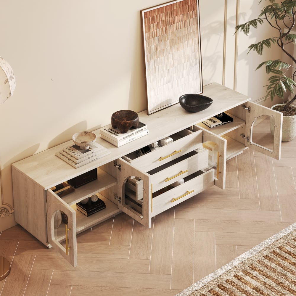 Arune 80" Arched Glass Doors TV Stand with Storage and LED window image