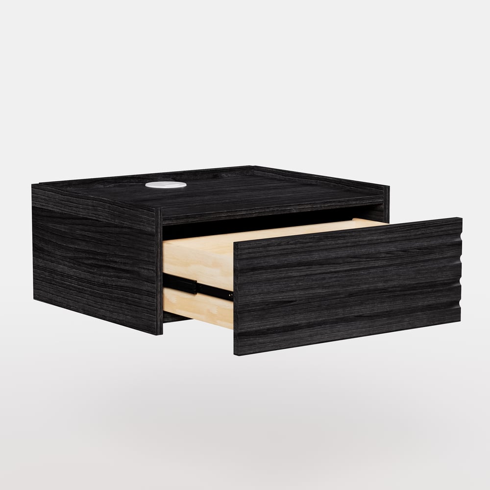 Mesita de noche flotante de madera con luz y estación de carga imagen de ventana