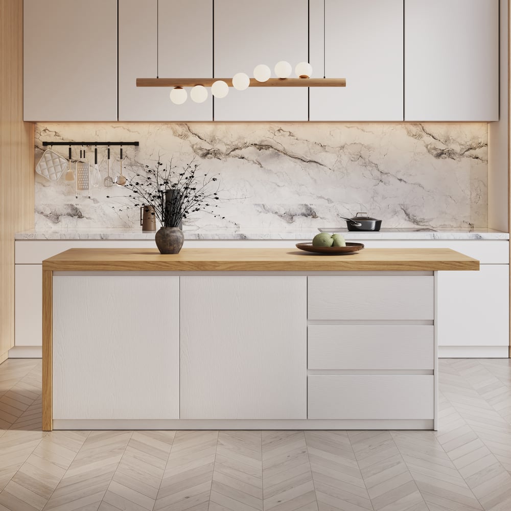 Îlots de cuisine stratifiés de style moderne de 1830 mm avec un grand espace de rangement, blanc et naturel image de fenêtre