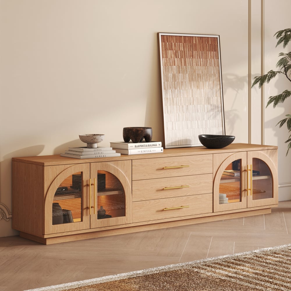 Arune 80" Arched Glass Doors TV Stand with Storage and LED window image