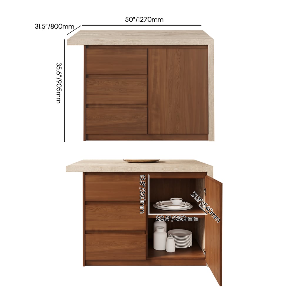 50" Modern Kitchen Island Walnut Laminate & 2 Counter Stools Set Storage Cabinet weights dimensions image