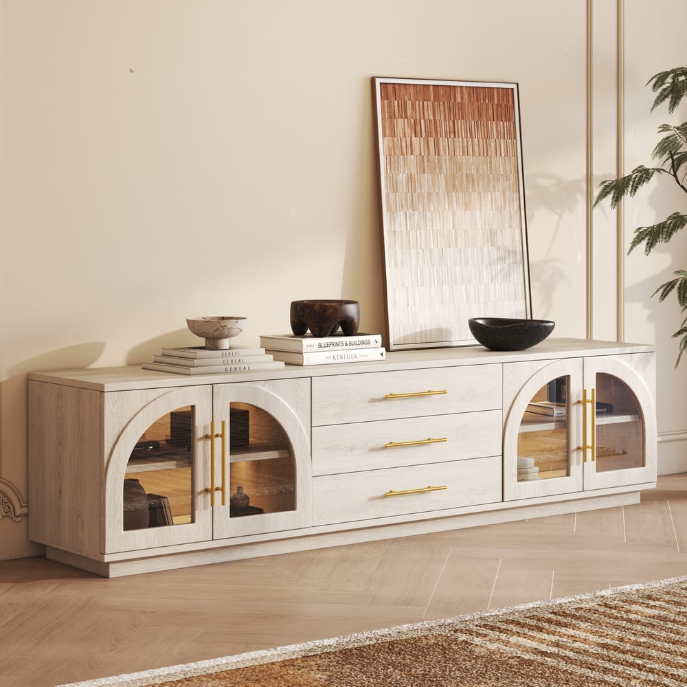 Arune 80" Arched Glass Doors TV Stand with Storage and LED window image