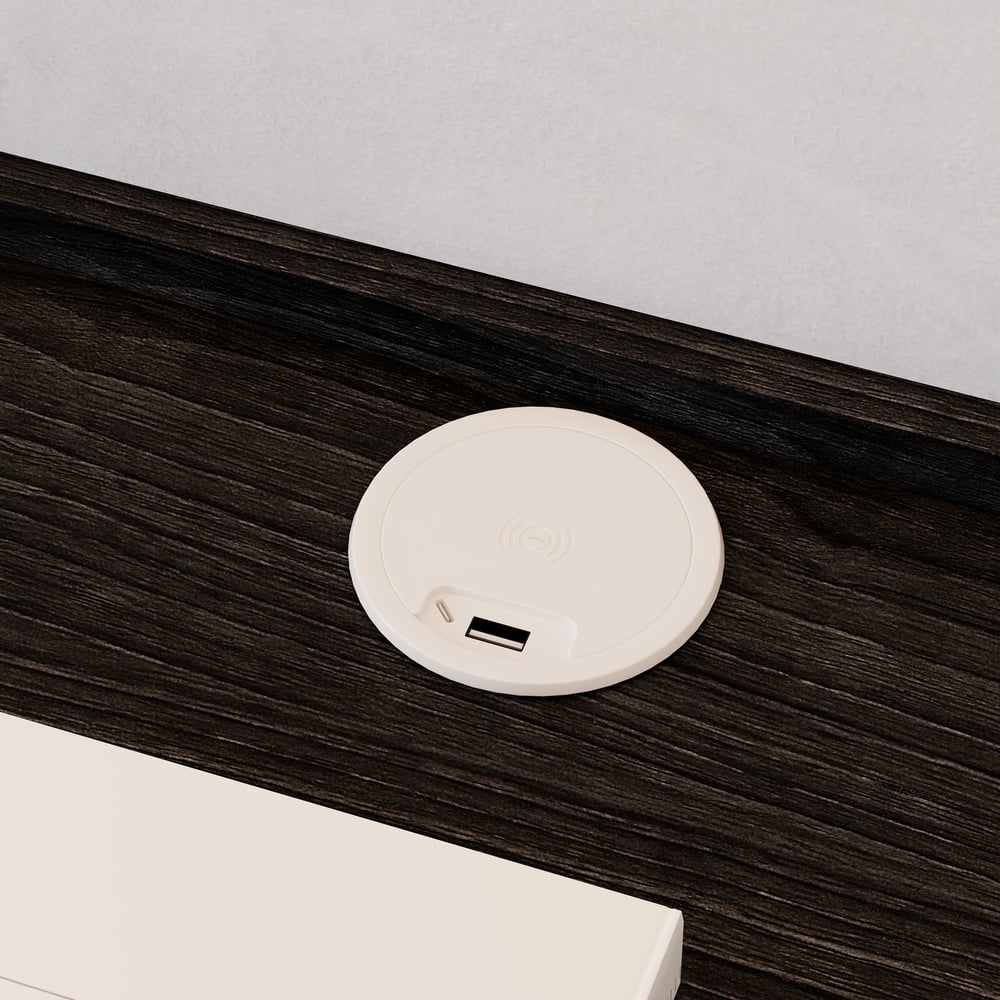 Mesita de noche flotante de madera con luz y estación de carga imagen de ventana