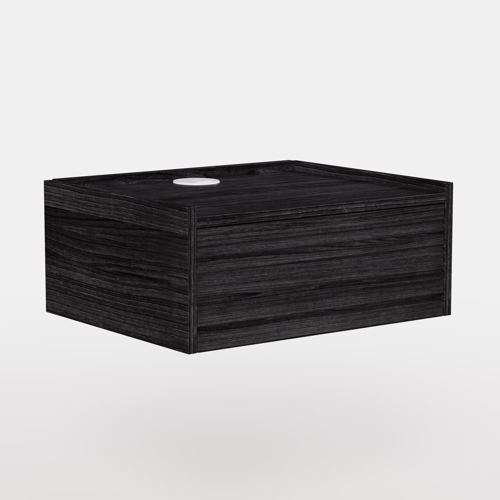 Mesita de noche flotante de madera con luz y estación de carga imagen de ventana