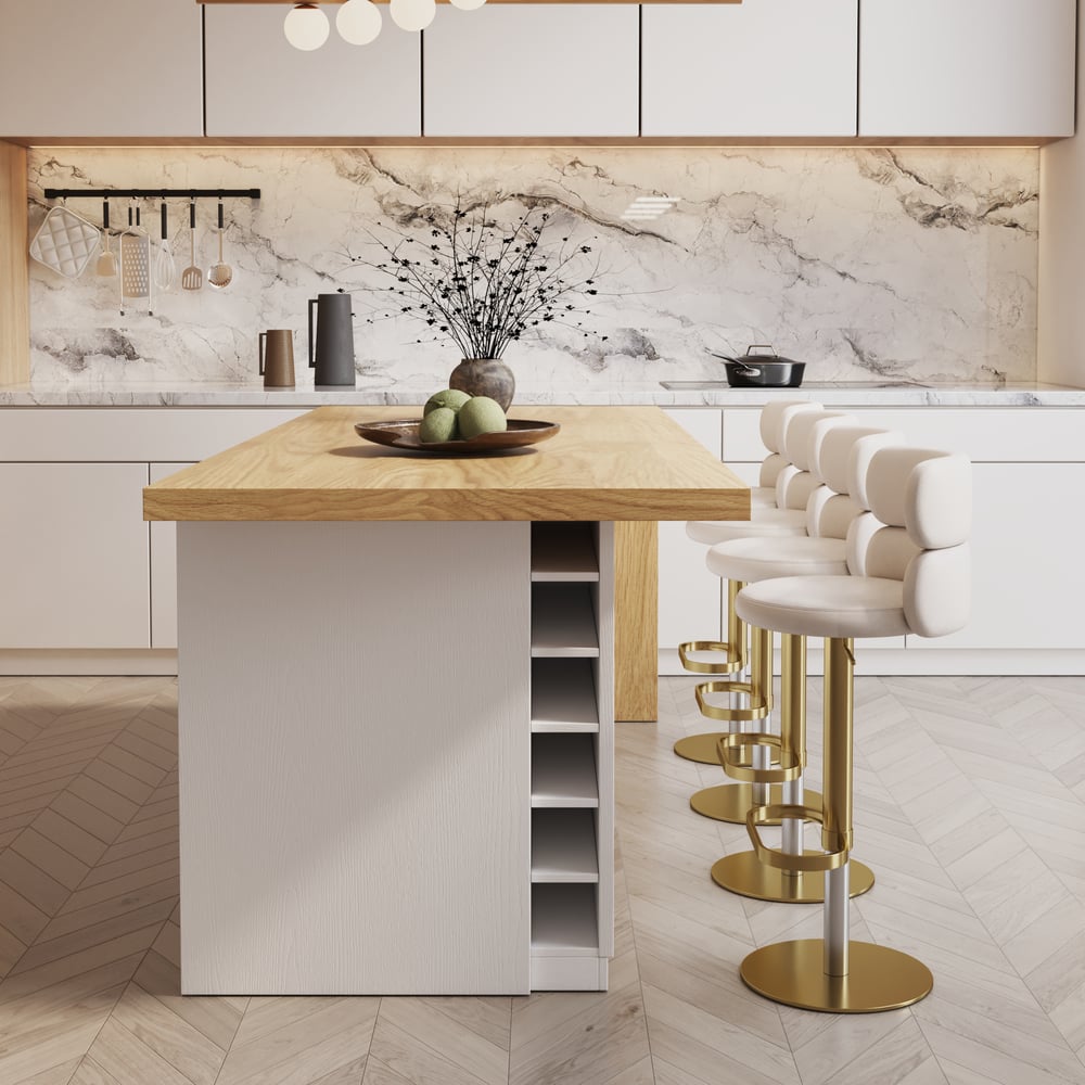 Îlots de cuisine stratifiés de style moderne de 1830 mm avec un grand espace de rangement, blanc et naturel image de fenêtre