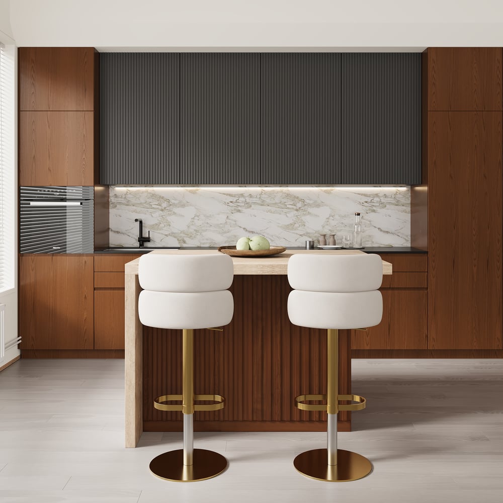 50" Modern Kitchen Island Walnut Laminate & 2 Counter Stools Set Storage Cabinet window image