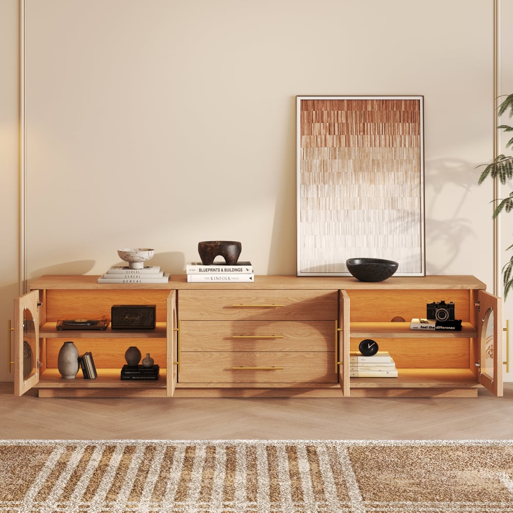 Arune 80" Arched Glass Doors TV Stand with Storage and LED window image