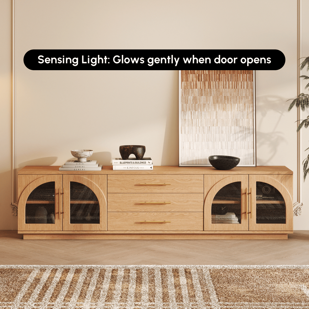 Arune 80" Arched Glass Doors TV Stand Coffee Table Set with Storage and LED window image