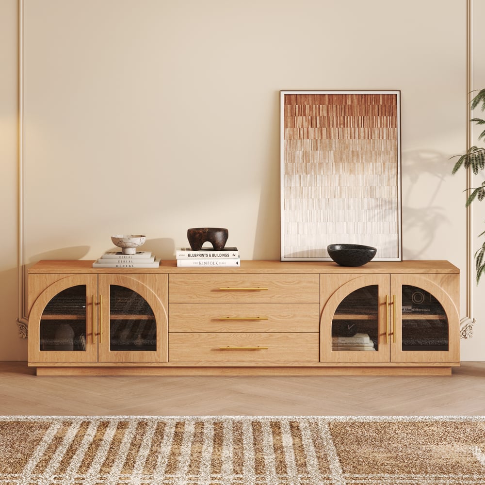 Arune 80" Arched Glass Doors TV Stand with Storage and LED window image