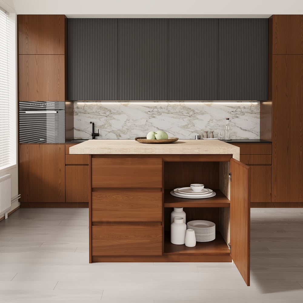 Îlots de cuisine stratifiés de style moderne de 1270 mm avec un grand espace de rangement en noyer image de fenêtre