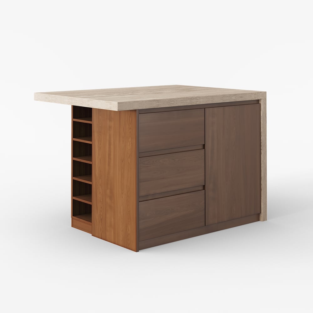 50" Modern Kitchen Island Walnut Laminate & 2 Counter Stools Set Storage Cabinet window image