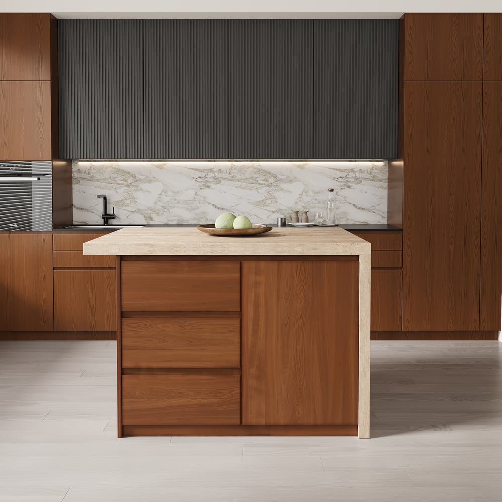 50" Modern Kitchen Island Walnut Laminate & 2 Counter Stools Set Storage Cabinet window image