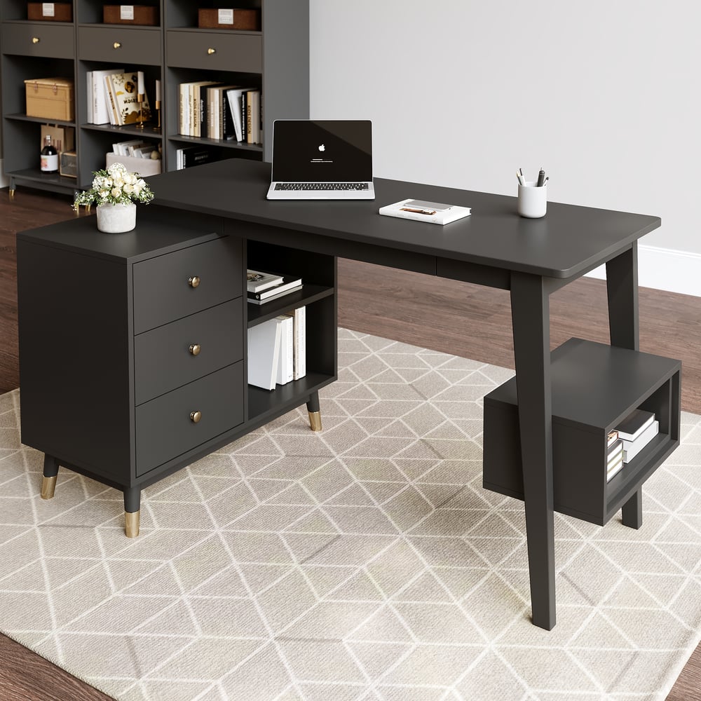 Black corner desk with drawers and 120 cm L-shaped shelf window image