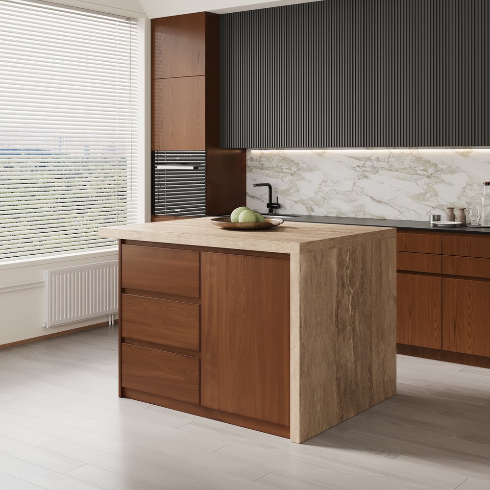 50" Modern Kitchen Island Walnut Laminate & 2 Counter Stools Set Storage Cabinet window image