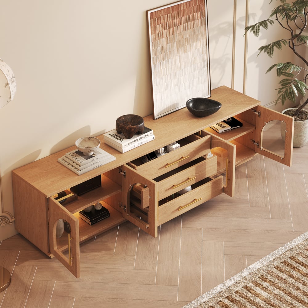 Arune 80" Arched Glass Doors TV Stand with Storage and LED window image