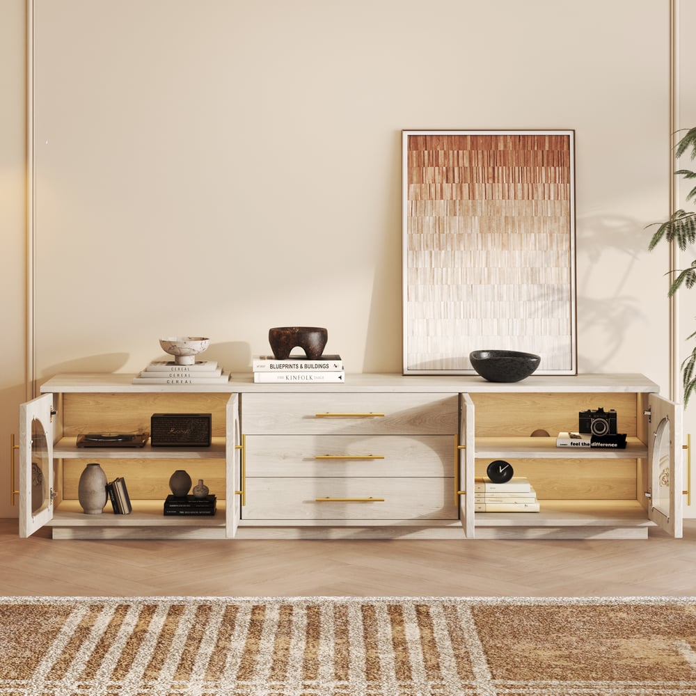 Arune 80" Arched Glass Doors TV Stand with Storage and LED window image