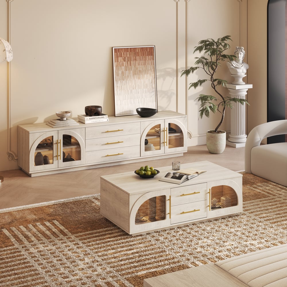 Arune 80" Arched Glass Doors TV Stand with Storage and LED window image