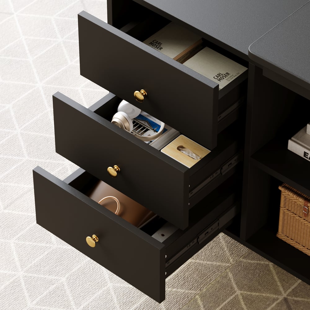 Black corner desk with drawers and 120 cm L-shaped shelf window image