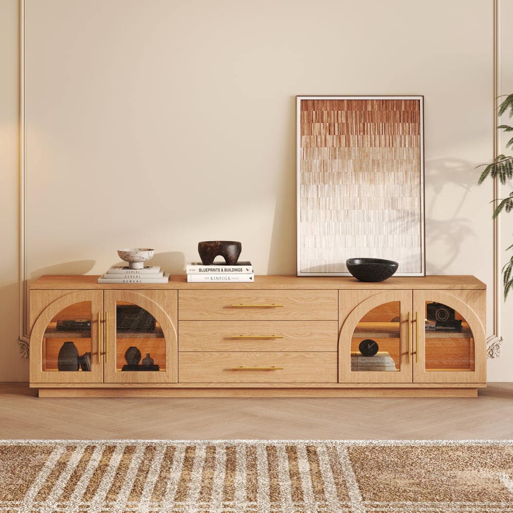 Arune 80" Arched Glass Doors TV Stand with Storage and LED window image