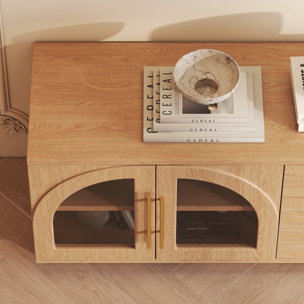 Arune 80" Arched Glass Doors TV Stand with Storage and LED window image