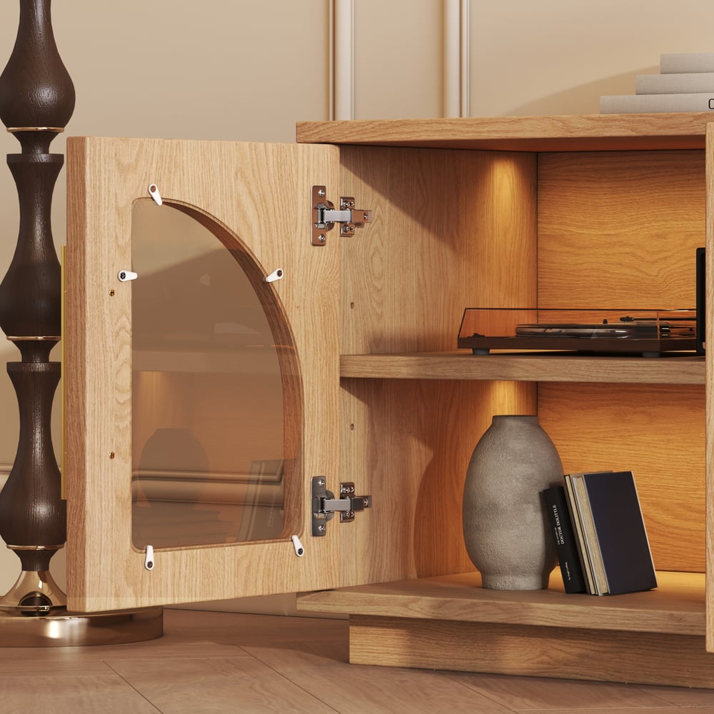 Arune 80" Arched Glass Doors TV Stand with Storage and LED window image