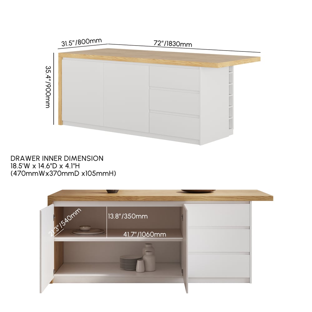 Îlots de cuisine stratifiés de style moderne de 1830 mm avec un grand espace de rangement, blanc et naturel Poids, dimensions, image