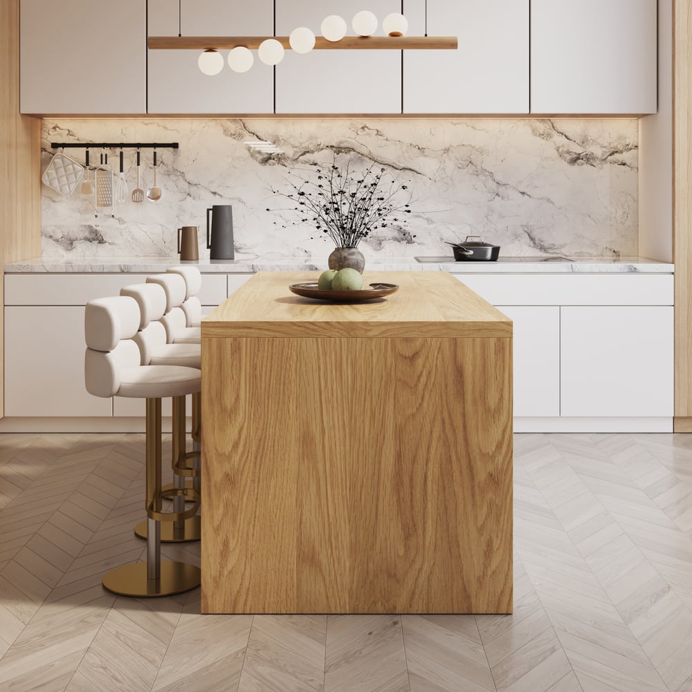 Îlots de cuisine stratifiés de style moderne de 1830 mm avec un grand espace de rangement, blanc et naturel image de fenêtre