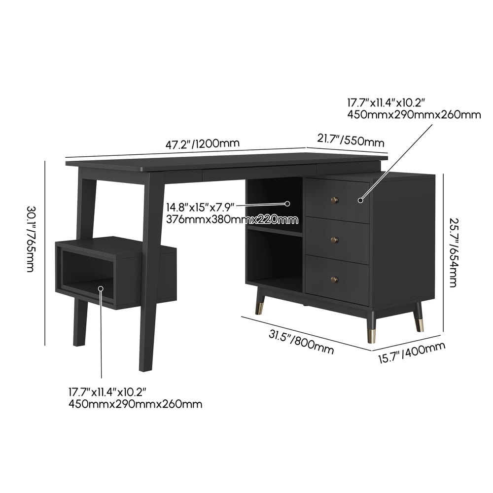 Black corner desk with drawers and 120 cm L-shaped shelf weights dimensions image