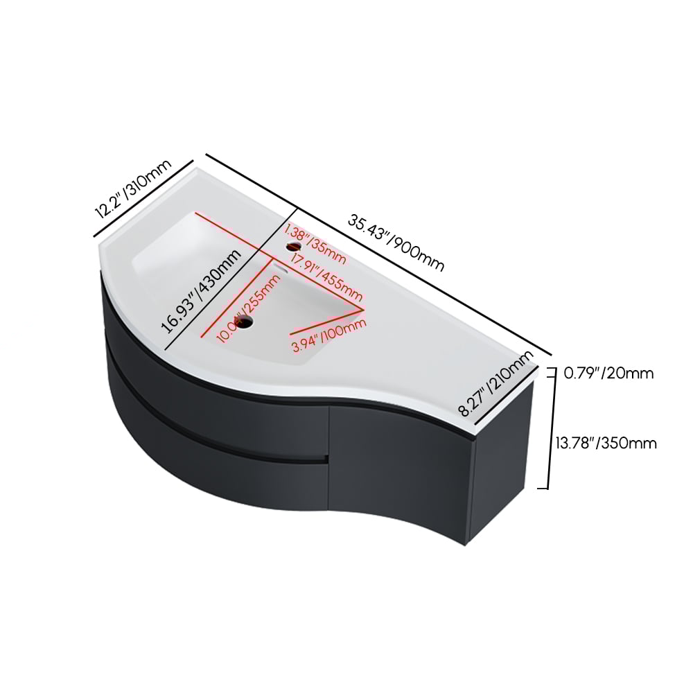 889mm Floating Curved Bathroom Vanity Half-Circle Bathroom Cabinet Black weights dimensions image