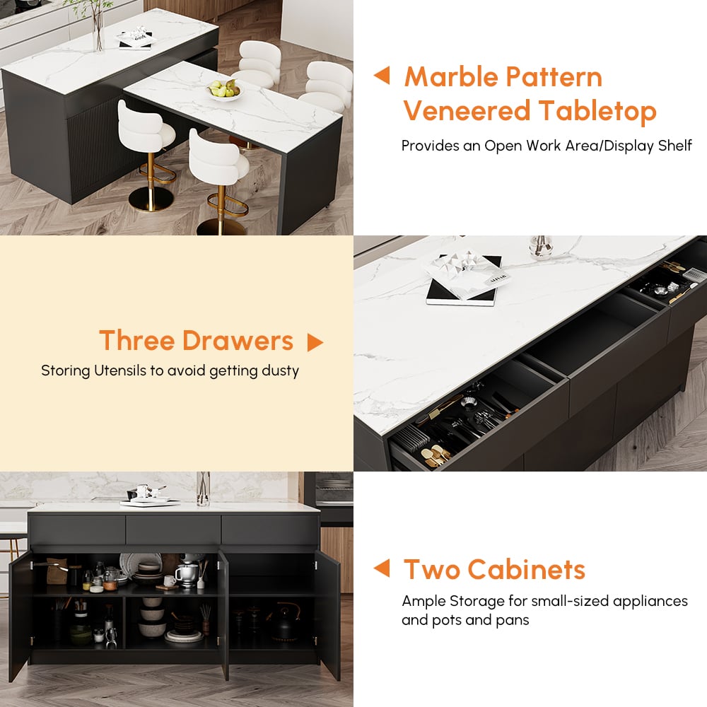 81''-106" Extendable Kitchen lsland with Doors&Drawers Black & White Sintered Stone Top window image