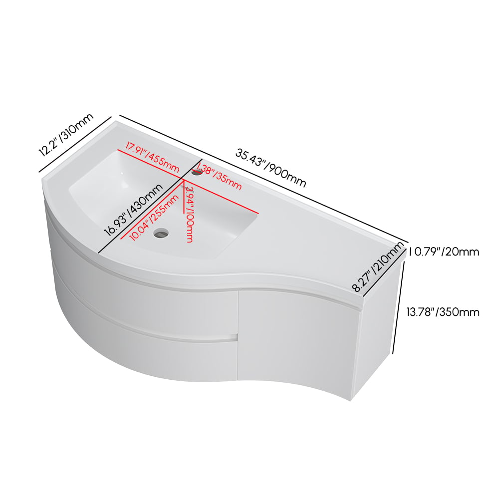 889mm Floating Curved Bathroom Vanity Half-Circle Bathroom Cabinet White weights dimensions image